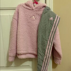 Adidas Soft Pink Fleece Hoodie and Gray Joggers